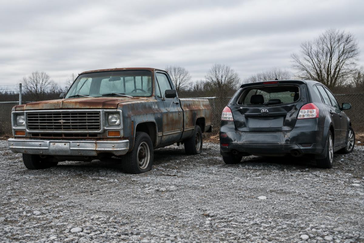 Rusty old pickup truck and damaged hatchback parked on gravel